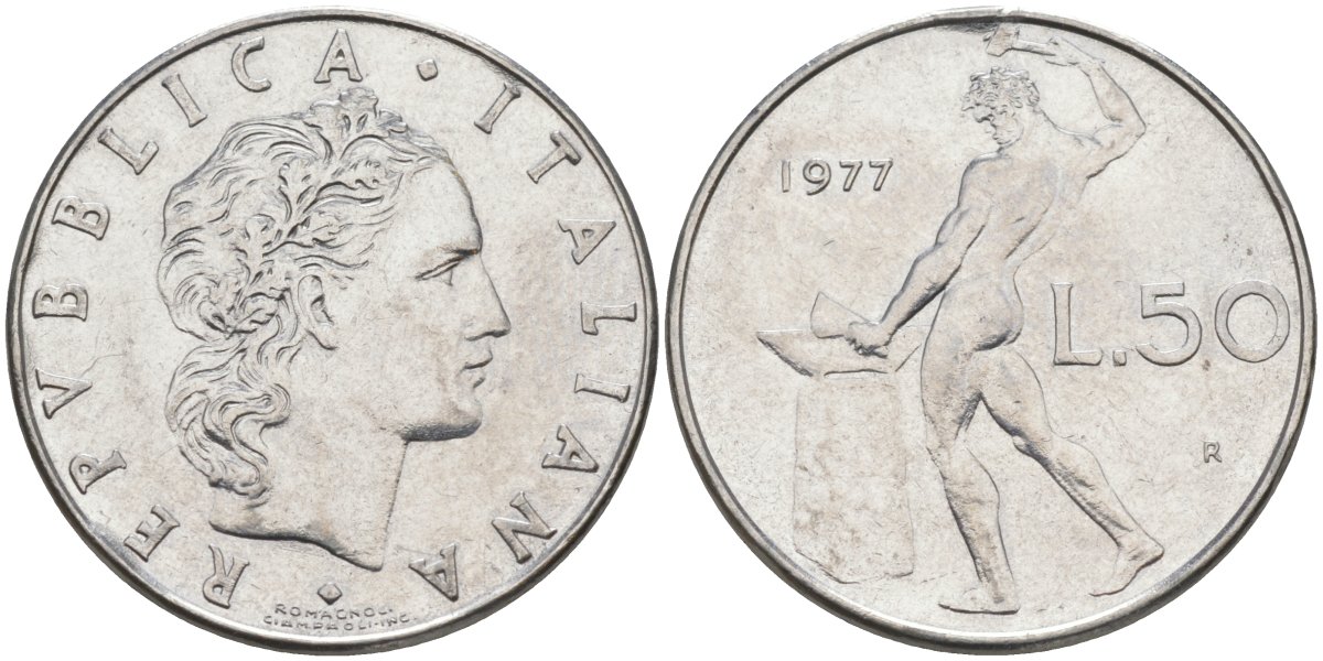 Италия 50 лир 1977 R, Бог огня Вулкан у наковальни KM 95.1 нержавеющая сталь 4525-833