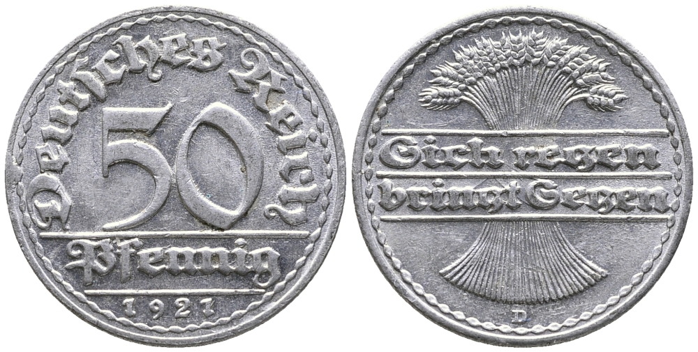 ГЕРМАНИЯ 50 ПФЕННИГОВ 1921 D KM 27, J. 301 алюминий 24-1015
