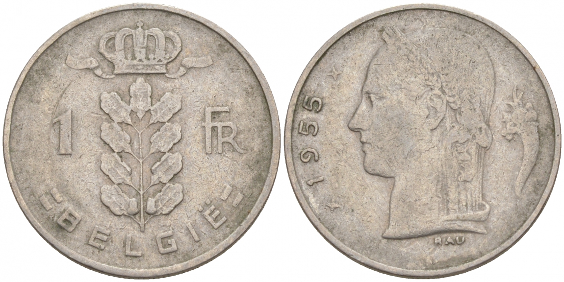 БЕЛЬГИЯ 1 ФРАНК 1955 BELGIE KM 143.1 медно-никель 68-341