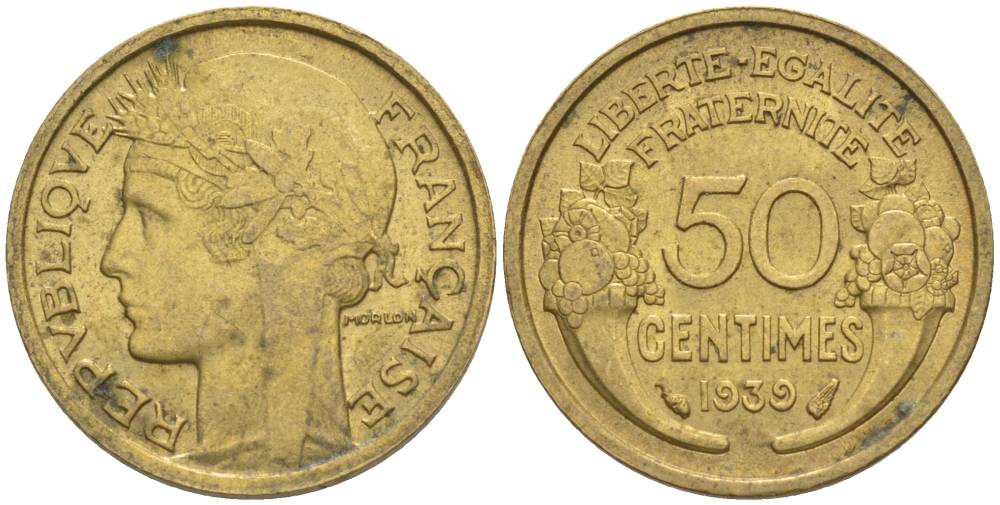 ФРАНЦИЯ 50 САНТИМОВ 1939 ТИП MORLON KM 894.1, LE FRANC 192.15 алюминиевая бронза 44-856