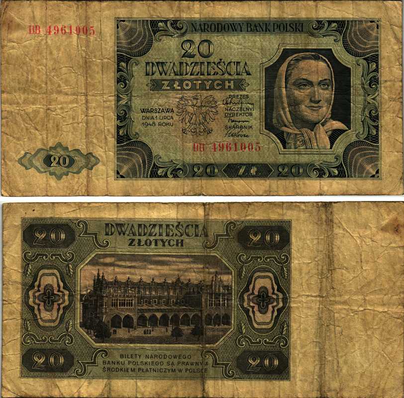 Польша 20 злотых 1948 женщина, торговые ряды в Кракове, 2 буквы в серии Pick 137 (2) бумага 7487-40-3