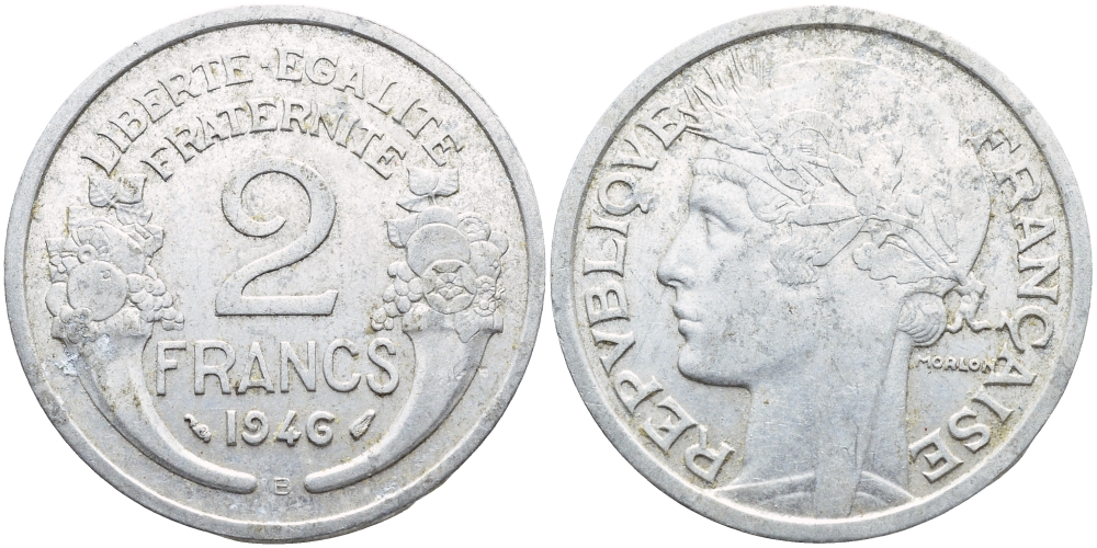 ФРАНЦИЯ 2 ФРАНКА 1946 B KM 886a.2 алюминий 4389-1046