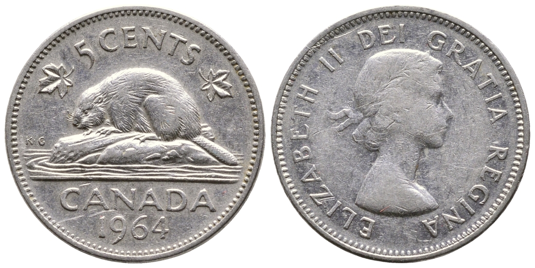 КАНАДА 5 ЦЕНТОВ 1964 ЕЛИЗАВЕТА II, БОБЕР KM 57 никель 4364-2331