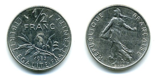 ФРАНЦИЯ 1/2 ФРАНКА 1983 КМ 931.1 никель 3999-826
