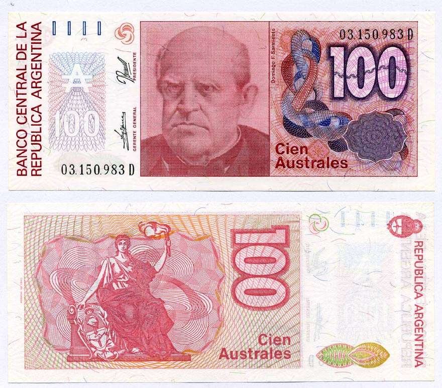 АРГЕНТИНА 100 АУСТРАЛЕЙ 1990 СЕРИЯ D 03150, Фаустино Сармьенто, Аргентинский военный деятель, масон Pick 327с, Bottero 2847 бумага UNC (ПРЕСС) 6262-8-2-2