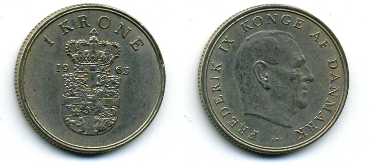 ДАНИЯ 1 КРОНА 1963 C; S, ФРЕДЕРИК IX (1947-1972) KM 851.1 медно-никель 56-412