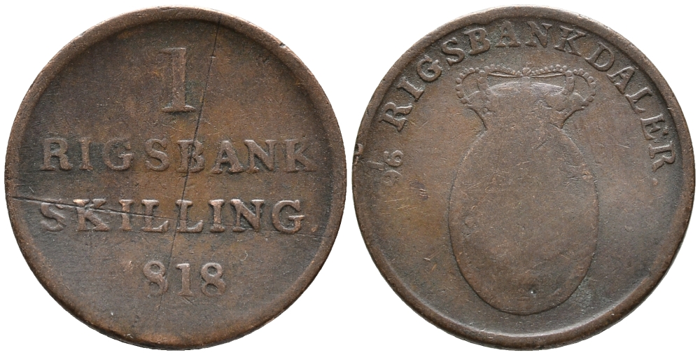 ДАНИЯ 1 РИГСБАНКСКИЛЛИНГ 1818 KM 688 (С101) медь 32-333