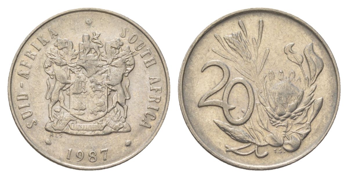 ЮАР 20 центов 1987 герб, цветок протея KM 86 никель 4626-811