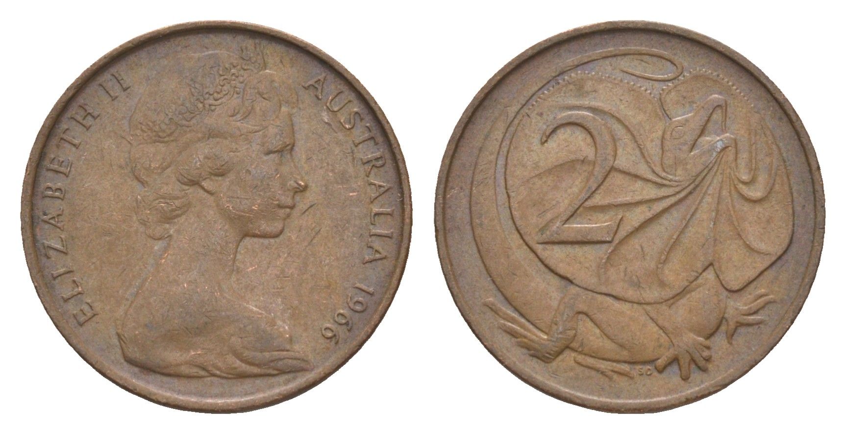 Австралия 2 цента 1966 Елизавета II (1952-2022), плащеносная ящерица KM 63 бронза 4585-1015