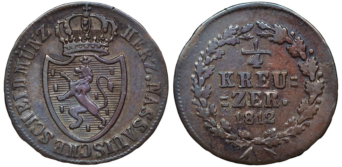 Нассау 1/4 крейцера 1812 L, Фридрих Вильгельм (1788-1816) KM 9 медь    188-442