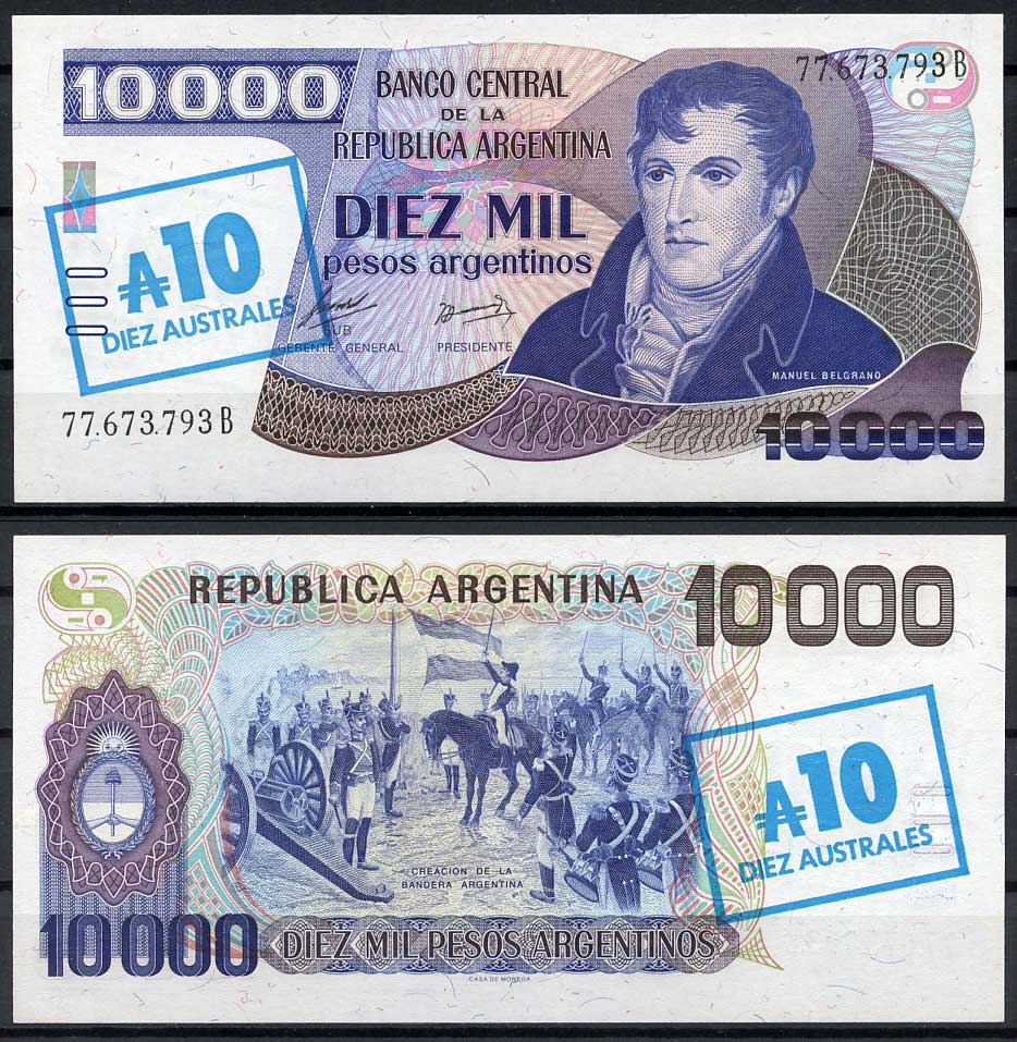Аргентина 10 аустралей 1985 серия В 77673, надпечатка на 10000 песо, Мануэль Бельграно (1770-1820), на обороте печать синяя Pick 322 а  бумага  UNC (пресс) 451-625-1