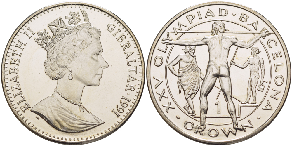 Гибралтар 1 крона 1991 XXV Олимпийские игры 1992 года в Барселоне, копьеметатель KM 69 медно-никель UNC 1084-8-33