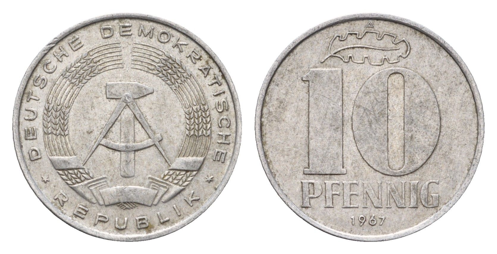 ГДР 10 пфеннигов 1967 A KM 10 алюминий 192-221