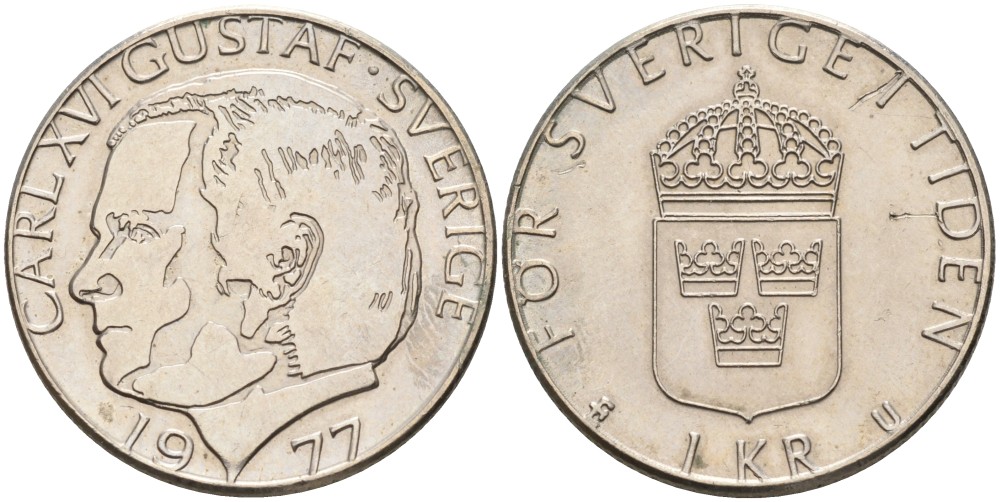 Швеция 1 крона 1977 U, Карл XVI Густав (1973- ) KM 852 медно-никель 4557-425