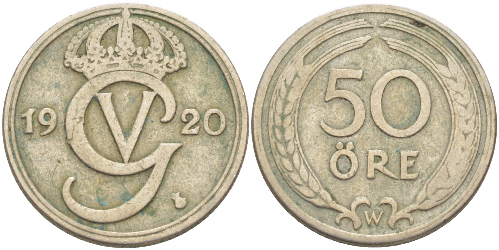 Швеция 50 эре 1920 W, Густав V (1907-1950), OVAL 0, первый год KM 796 никель бронза 4402-337