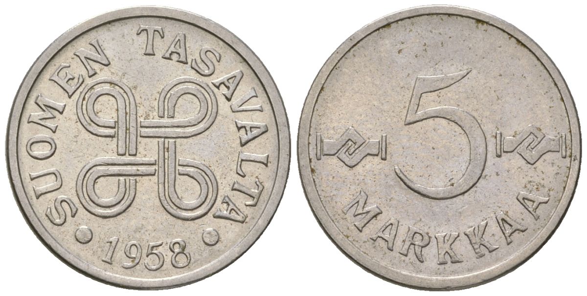 Финляндия 5 марок 1958 KM 37a железо плакированная никелем 4169-269