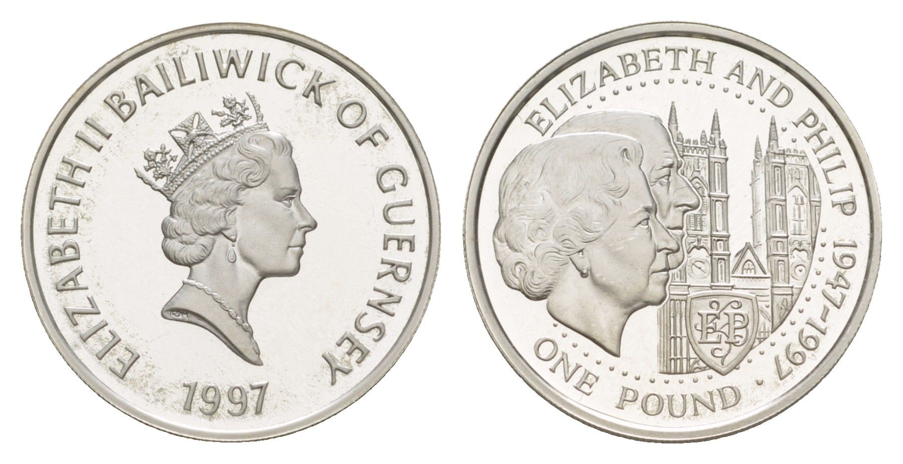 Гернси 1 фунт 1997 50 лет свадьбе Королевы Елизаветы II и Принца Филиппа KM 70 серебро PROOF 1521-1024