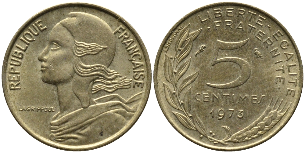ФРАНЦИЯ 5 САНТИМОВ 1973 ТИП MARIANNE KM 933 медь алюминий никель 261-568