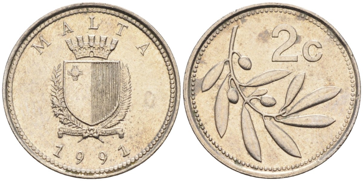 Мальта 2 цента 1991 оливковая ветвь KM 94 медно-никель 4585-1263
