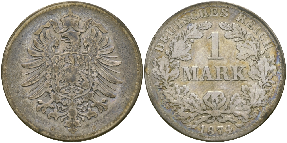 Германия 1 марка 1874 B Weege 17, J. 9, KM 7 серебро 98-1231