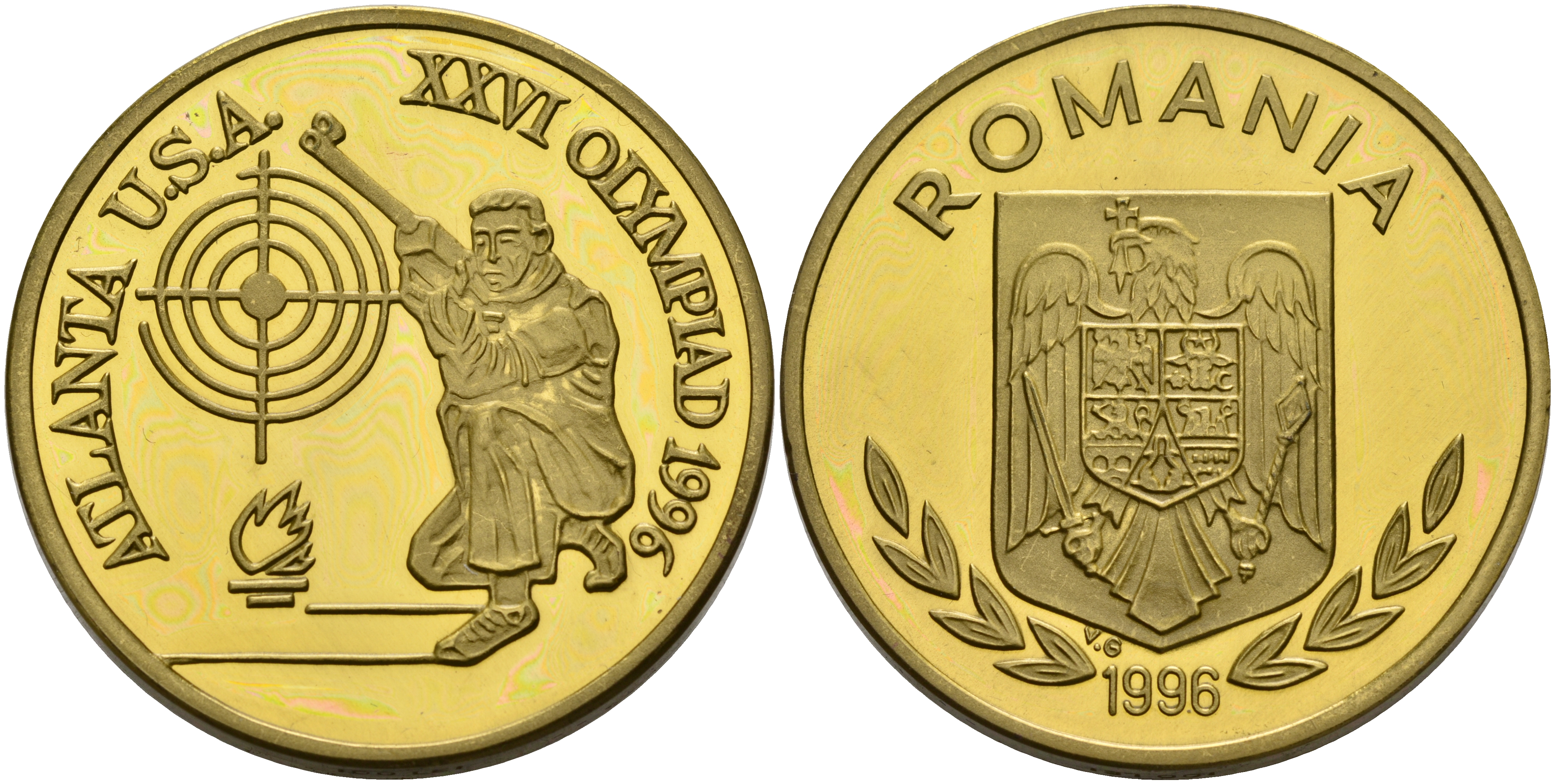 Румыния 100 леев 1996 XXVI Олимпийские игры 1996 года в Атланте, 100 лет Олимпийскому движению, стрельба, пробный выпуск, пифорт  латунь  PROOF  1525-1312
