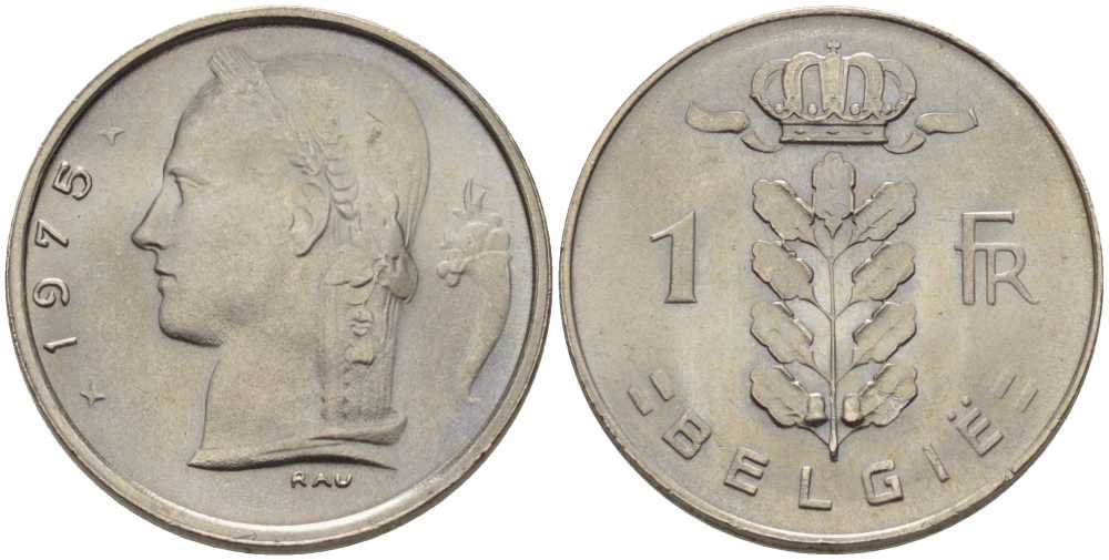 Бельгия 1 франк 1975 Belgie, Бодуэн I (1951-1993) KM 143.1 медно-никель 202-1054