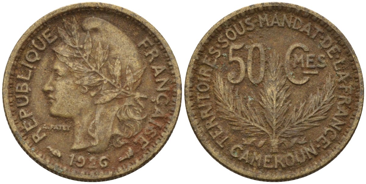 Камерун 50 сантимов 1926 (a), мондвор Париж KM 1 алюминиевая бронза 4164-1267