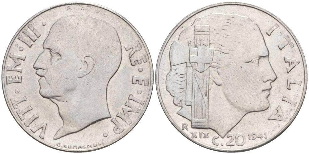 ИТАЛИЯ 20 ЧЕНТЕЗИМО 1941 R, ГОД XIX, ВИКТОР ЭММАНУИЛ III (1900-1946) KM 75b, VEM3. 1028 нержавеющая сталь 3853-811