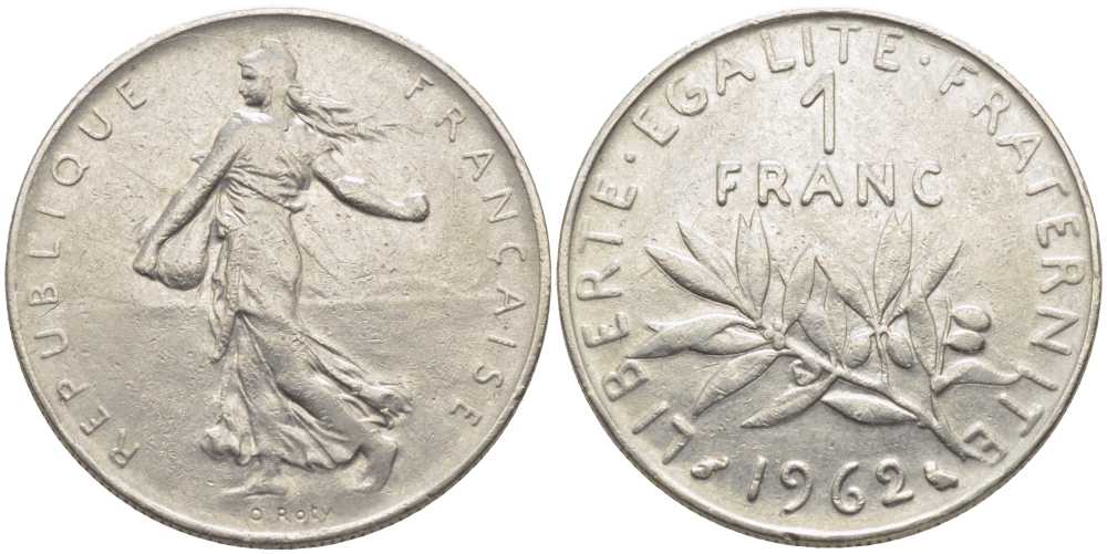 ФРАНЦИЯ 1 ФРАНК 1962 СЕЯТЕЛЬ KM 925.1, LE FRANC 226.7 никель 175-522