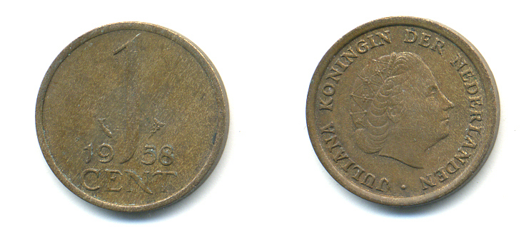 НИДЕРЛАНДЫ 1 ЦЕНТ 1958 ЮЛИАНА KM 180 бронза 83-926
