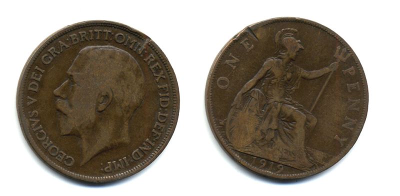 Великобритания 1 пенни 1919 Георг V (1910-1936) KM 810, Spink 4051 бронза 47-211