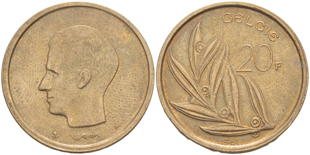 БЕЛЬГИЯ 20 ФРАНКОВ 1981 BELGIE, БОДУЭН I (1951-1993) KM 160 никель бронза 4546-243