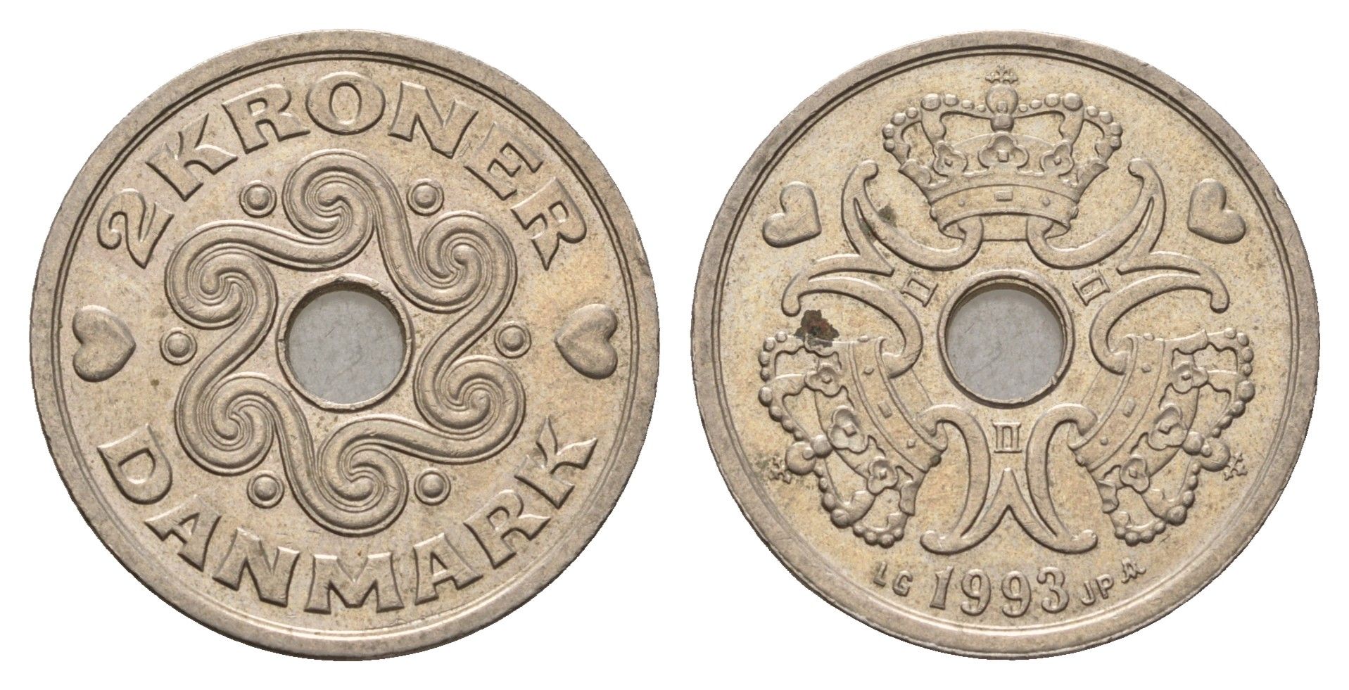 Дания 2 кроны 1993 Маргрете II (1972-2024) KM 874 медно-никель 190-752