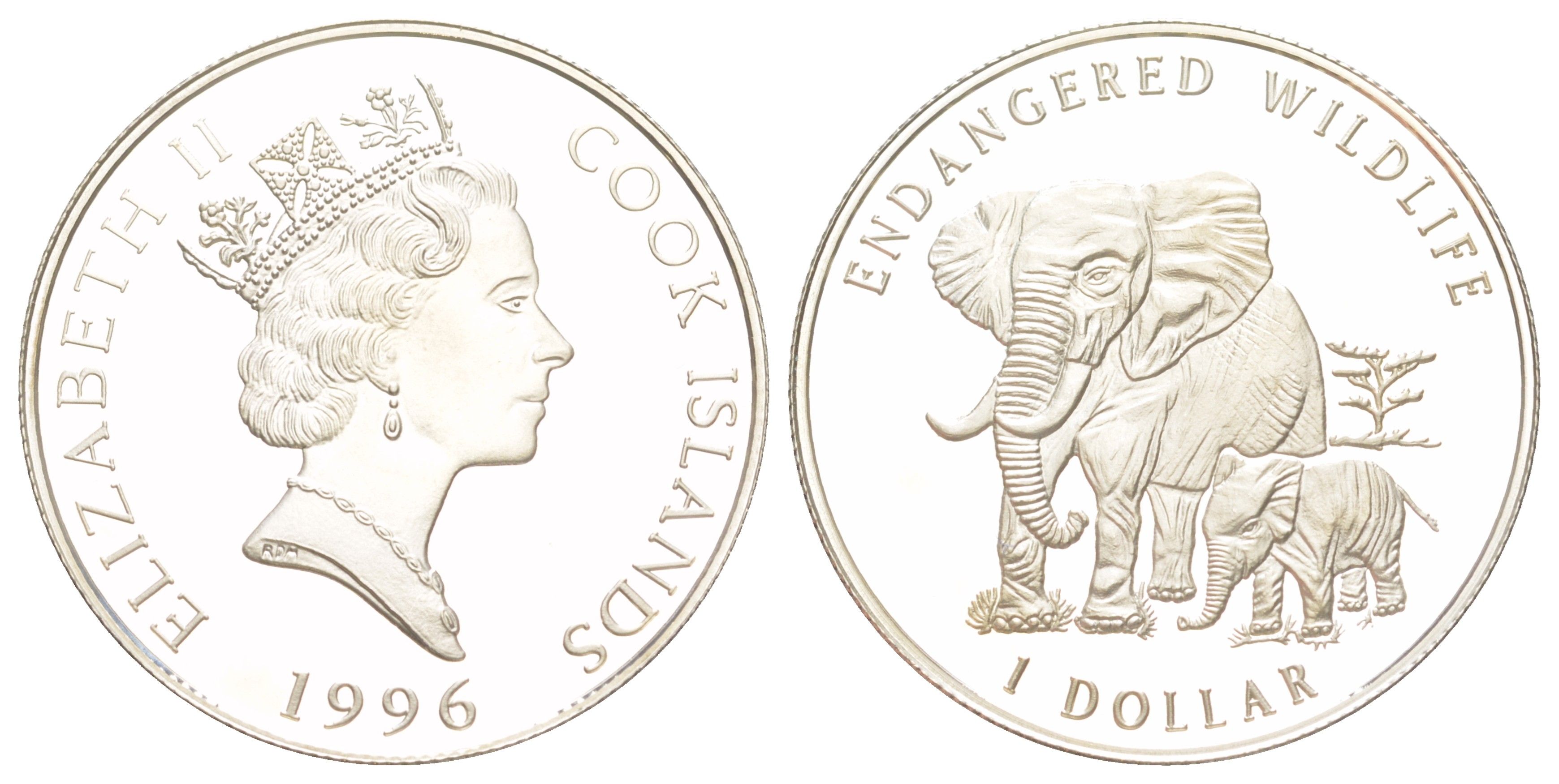 Острова Кука 1 доллар 1996 Вымирающие виды - Слоны KM 311 серебро 441-1024