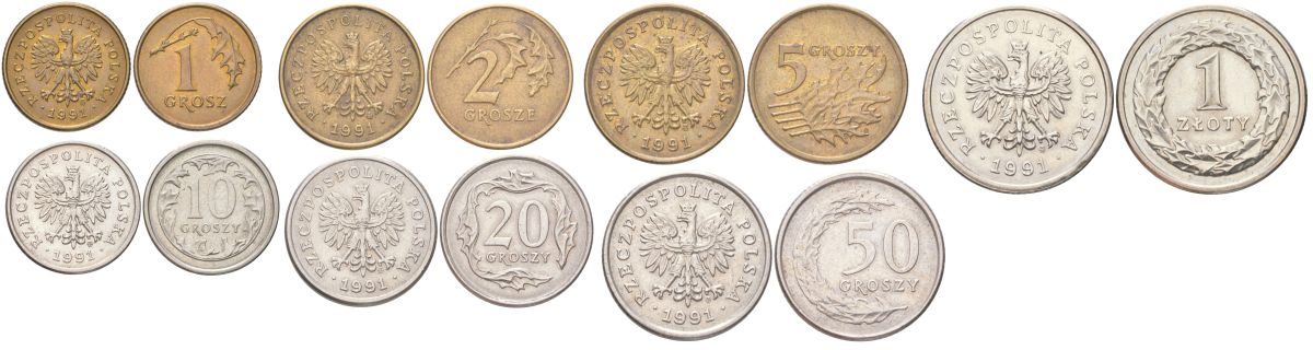 Польша годовой набор из 7 монет (1, 2, 5, 10, 20 и 50 грошей; 1 злотый) 1991 MW Y 276, 277, 278, 279, 280, 281 и 282 UNC 4614-221-227