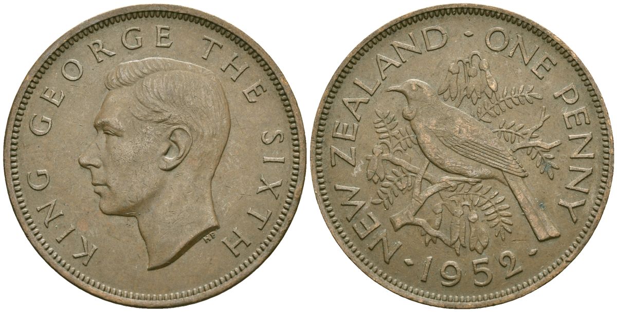 Новая Зеландия 1 пенни 1952 Георг VI (1936-1952), новозеландский туи KM 21 бронза 4557-344