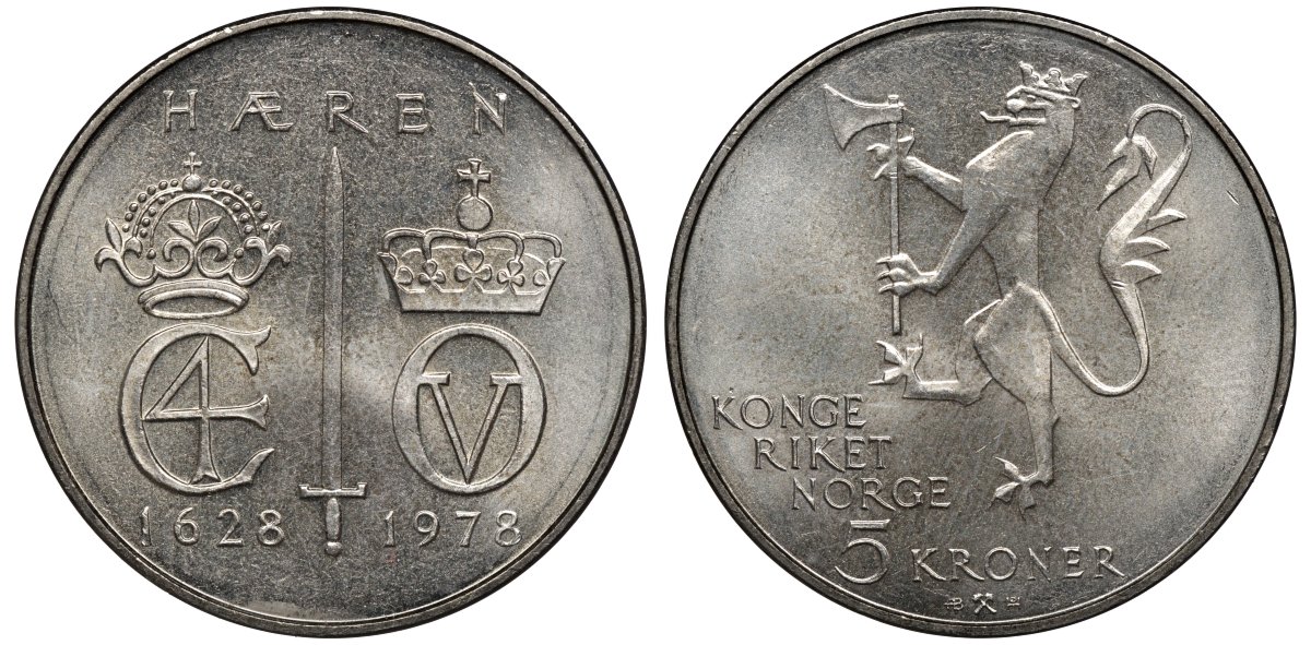 Норвегия 5 крон 1978 350 лет Норвежской армии KM 423 медно-никель UNC 81-742
