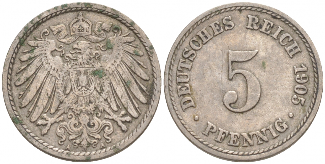 ГЕРМАНИЯ 5 ПФЕННИГОВ 1905 A, KM 11, J. 12 медно-никель 73-1762