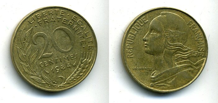Франция 20 сантимов 1984 тип Marianne KM 930, Le Franс 156.24 медь алюминий никель 25-2334