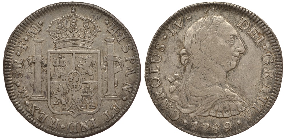 Мексика 8 реалов 1789 FM, монетный двор Mo (Мехико Сити), Карл IV Испанский (1788-1808), редкий год KM 106.2 серебро 00-00
