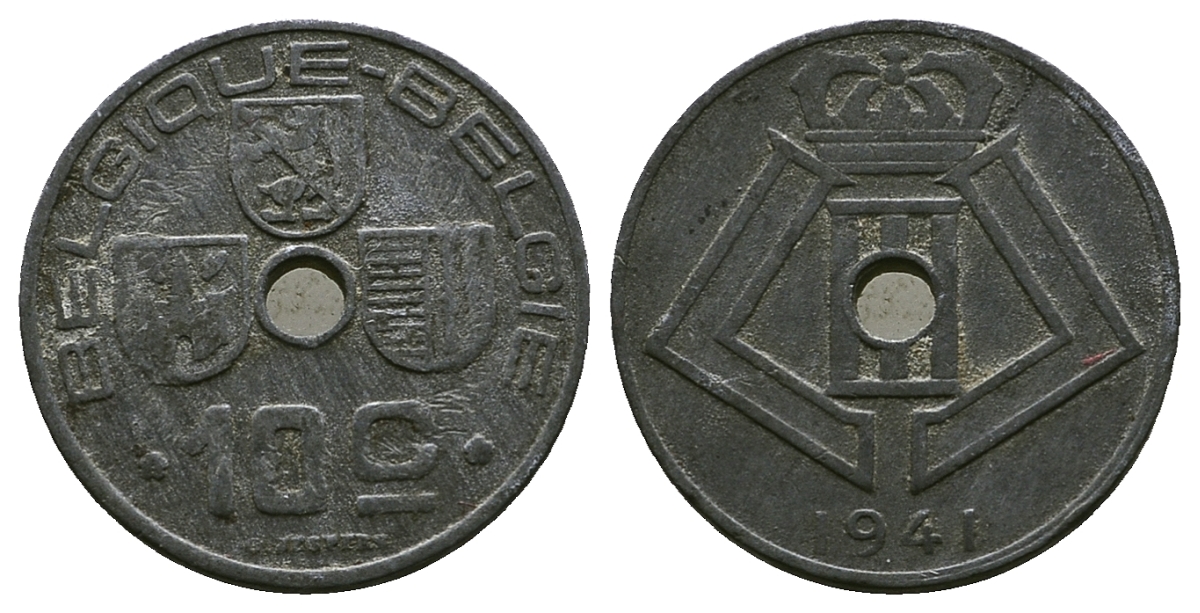БЕЛЬГИЯ 10 САНТИМОВ 1941 BELGIQUE-BELGIE, ГЕРМАНСКАЯ ОККУПАЦИЯ, ВТОРАЯ МИРОВАЯ ВОЙНА KM 125 цинк 261-1355