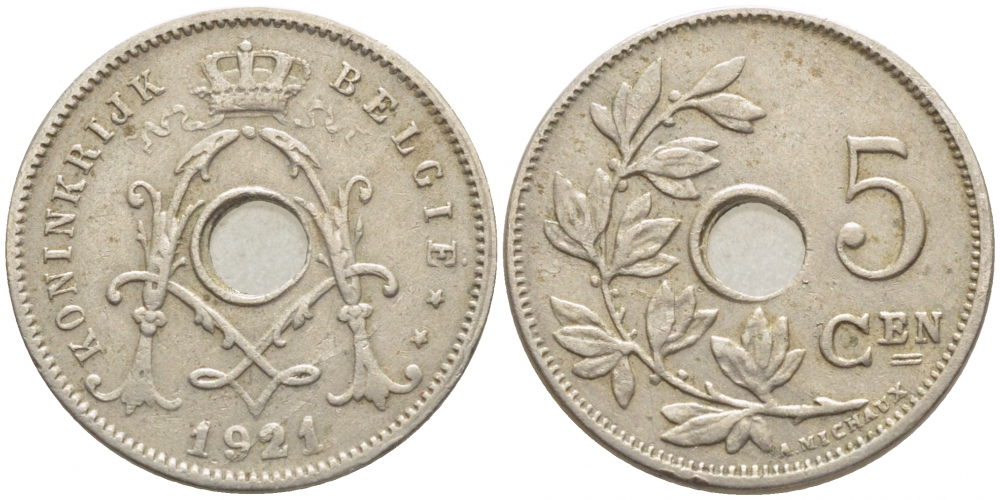 Бельгия 5 сантимов 1921 Belgie KM 67 медно-никель 112-234