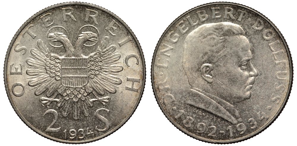 Австрия 2 шиллинга 1934 на смерть канцлера Энгельберта Дольфуса KM 2852 серебро 413-1921