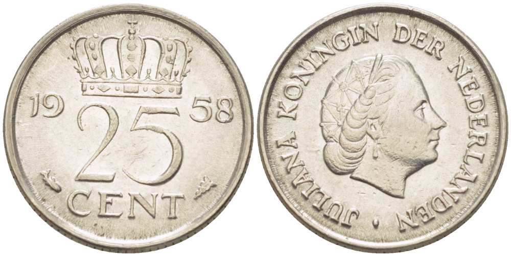 НИДЕРЛАНДЫ 25 ЦЕНТОВ 1958 КОРОЛЕВА ЮЛИАНА KM 183 никель 3955-152
