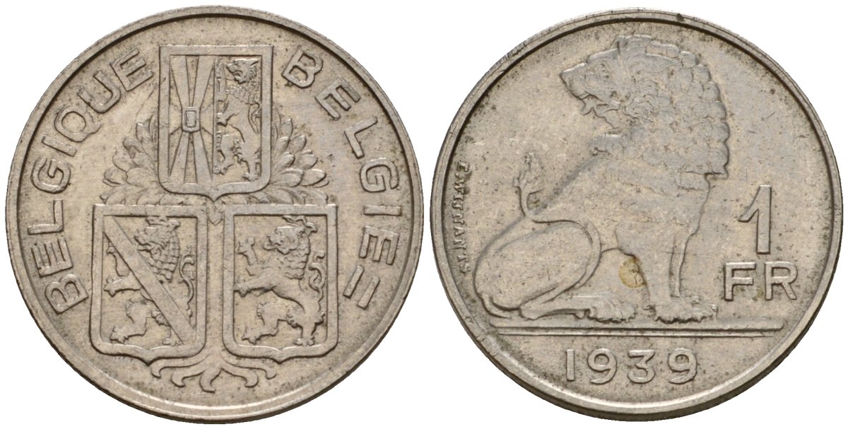 Бельгия 1 франк 1939 Belgique - Belgie KM 119 никель 4603-1251
