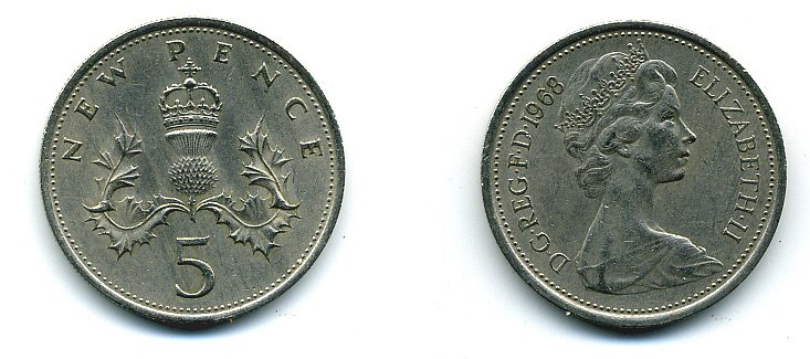 Великобритания 5 пенсов 1968 Елизавета II (1952-2022) KM 911, Spink 4233 (D1) медно-никель 4110-846