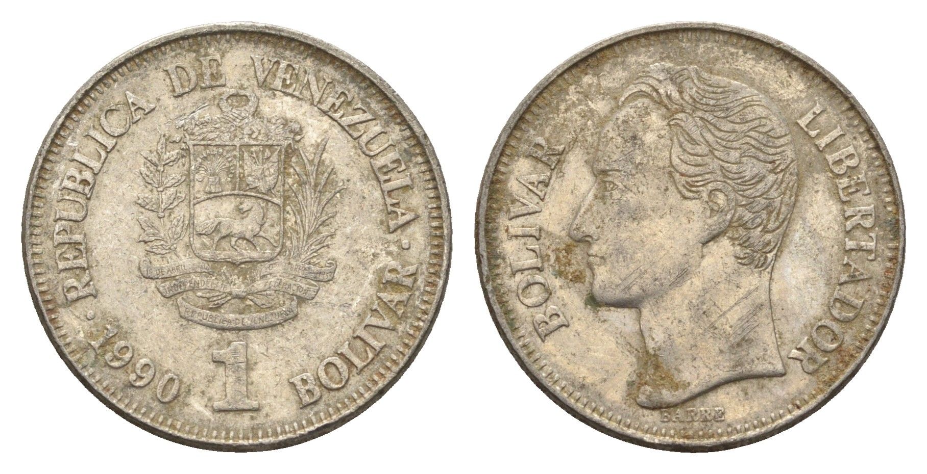 Венесуэла 1 боливар 1990 Симон Боливар Y 52a.2 сталь плакированная никелем 4662-927