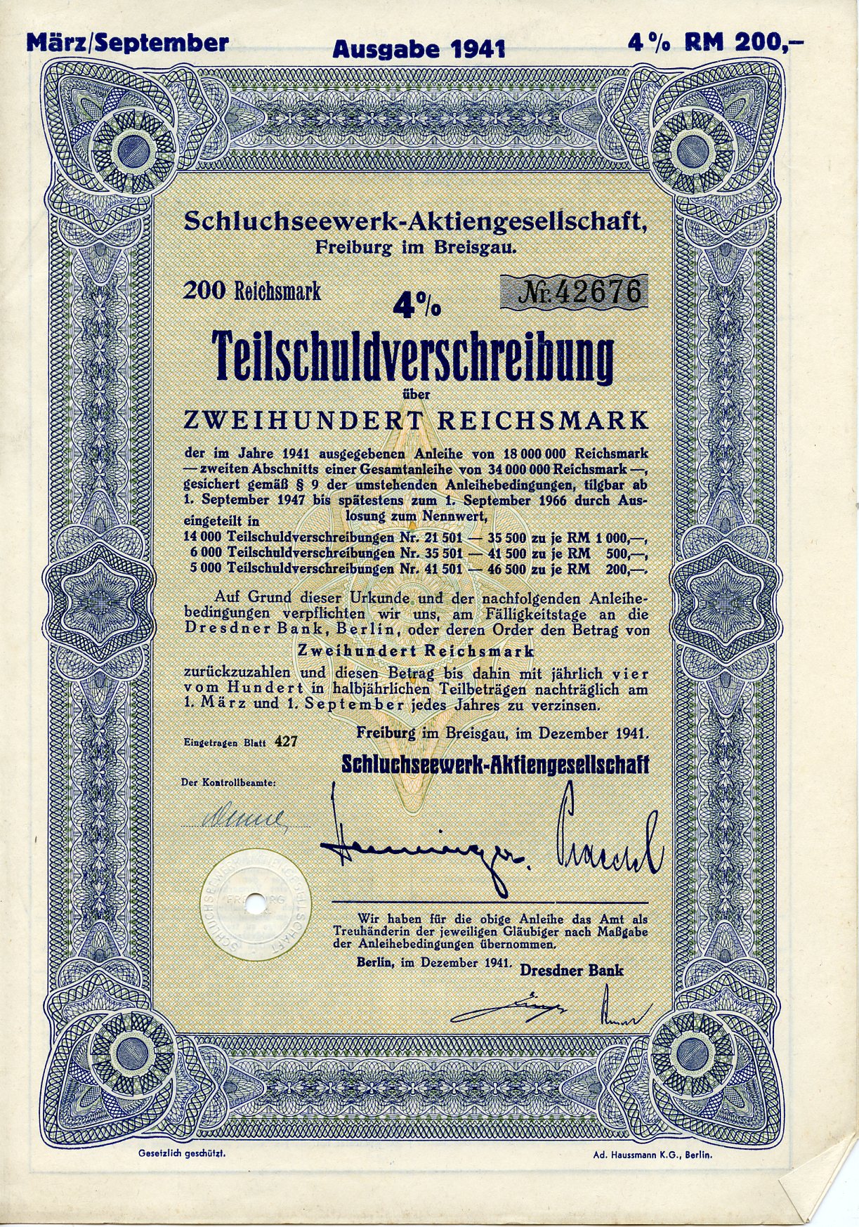 Германия 200 рейхсмарок 1941 АО Schluchseewerk (оператор 5 ГЭС), Фрайбург-им-Брайсгау, 4% -ное частичное обязательство   бумага   8804-75-1