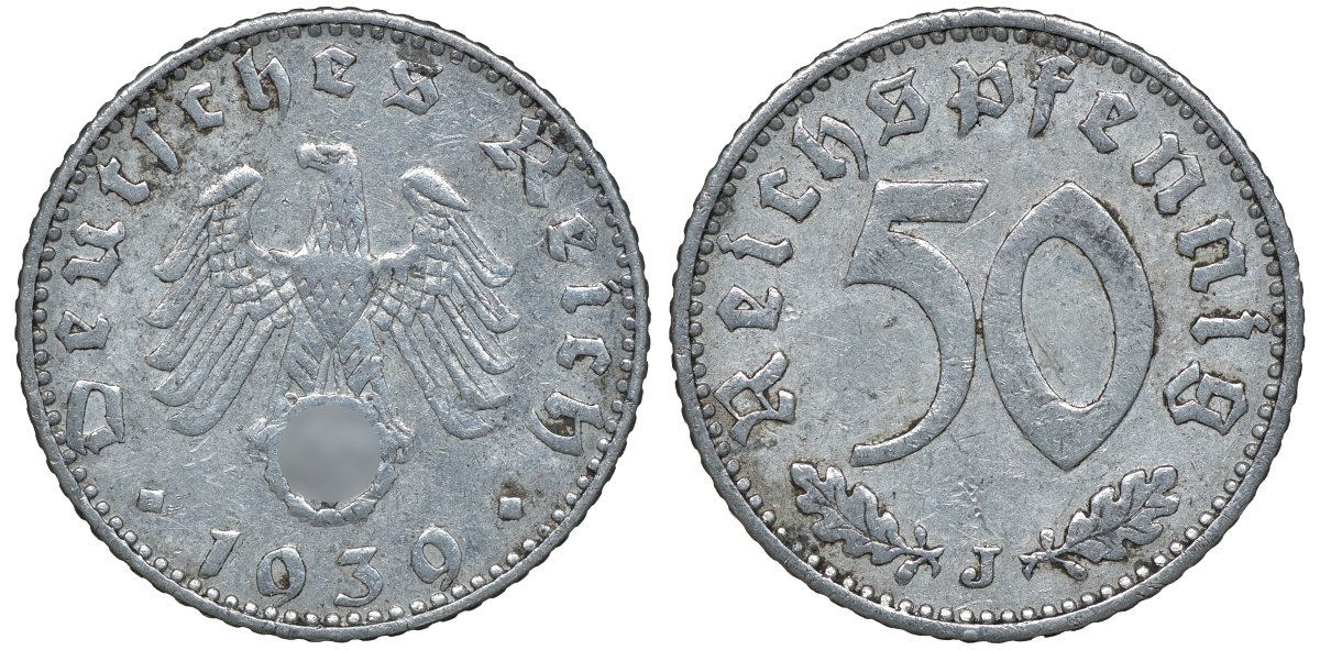 Германия 50 рейхспфеннигов 1939 J, цена по каталогу МТ 55 евро J. 372, KM 96 алюминий 72-1255