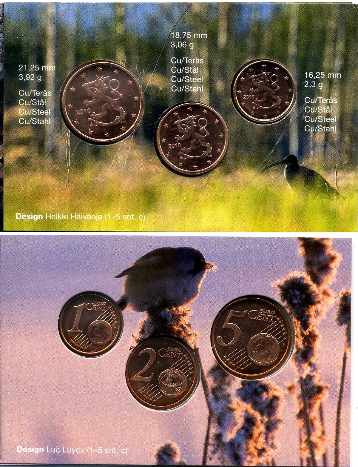 Финляндия набор из 3 монет 2010 1, 2, 5 евроцентов, запайка, буклет сталь плакированная медью UNC 3-4-8-73